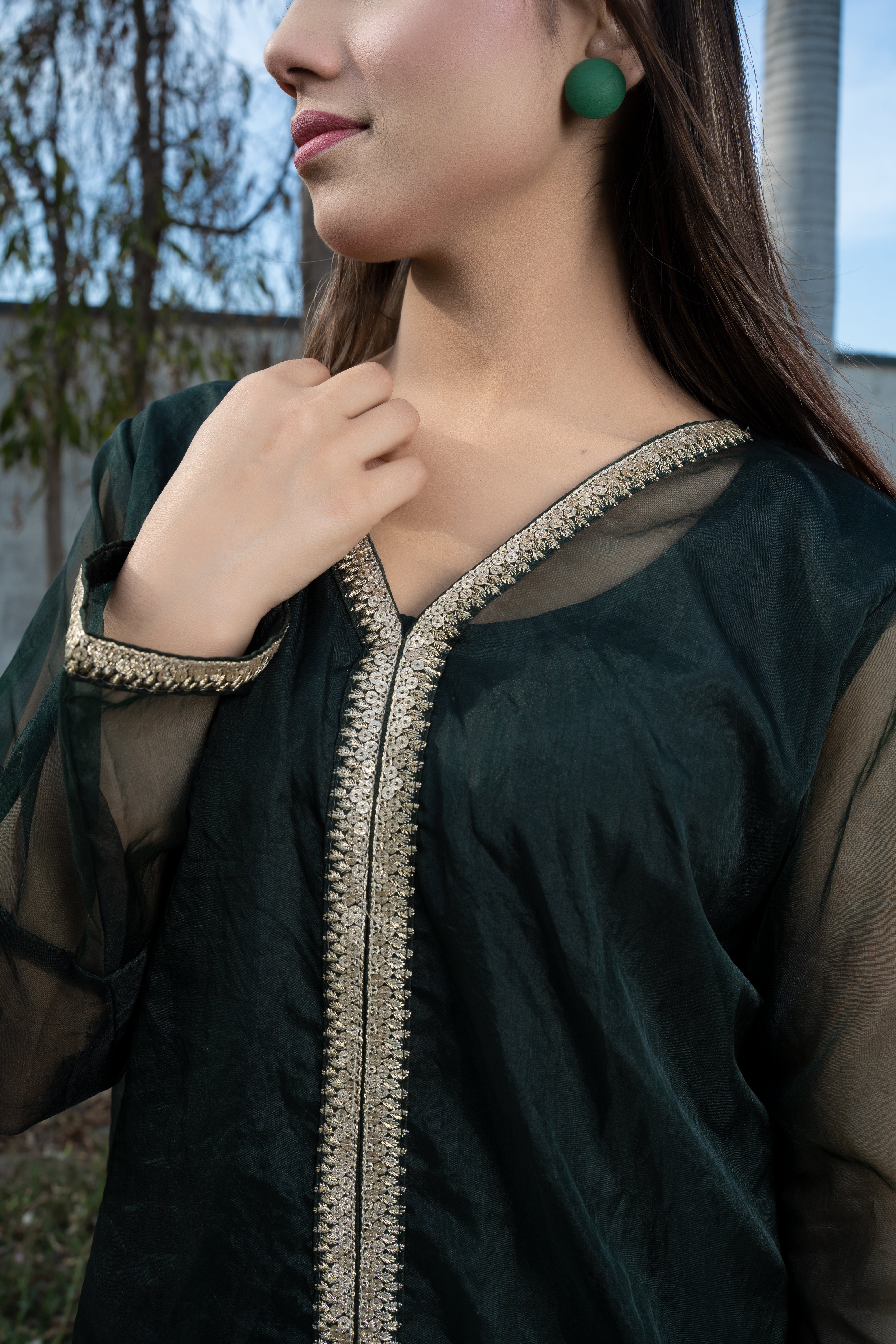 Organza Drak Green Color Dress (G11214)