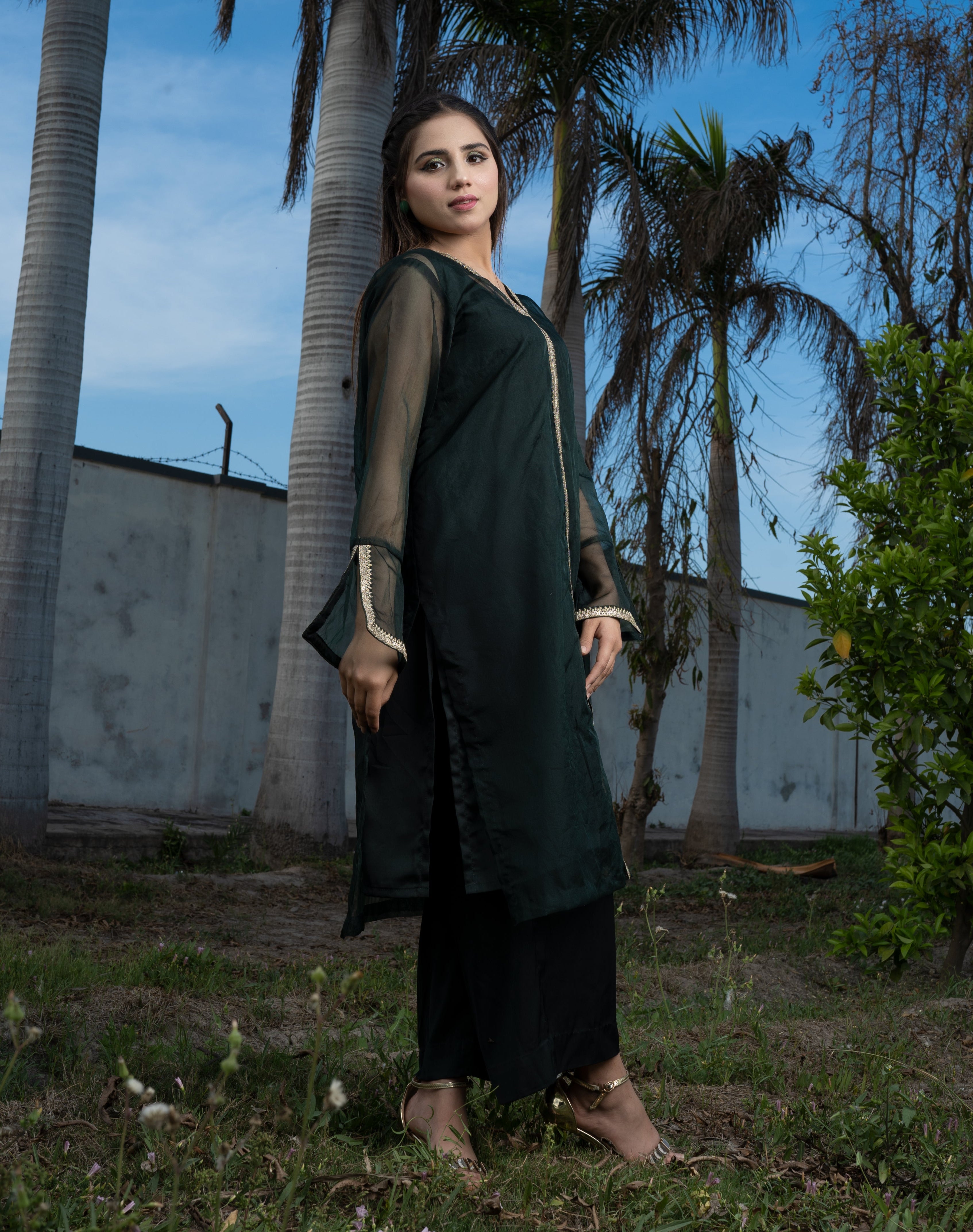 Organza Drak Green Color Dress (G11214)