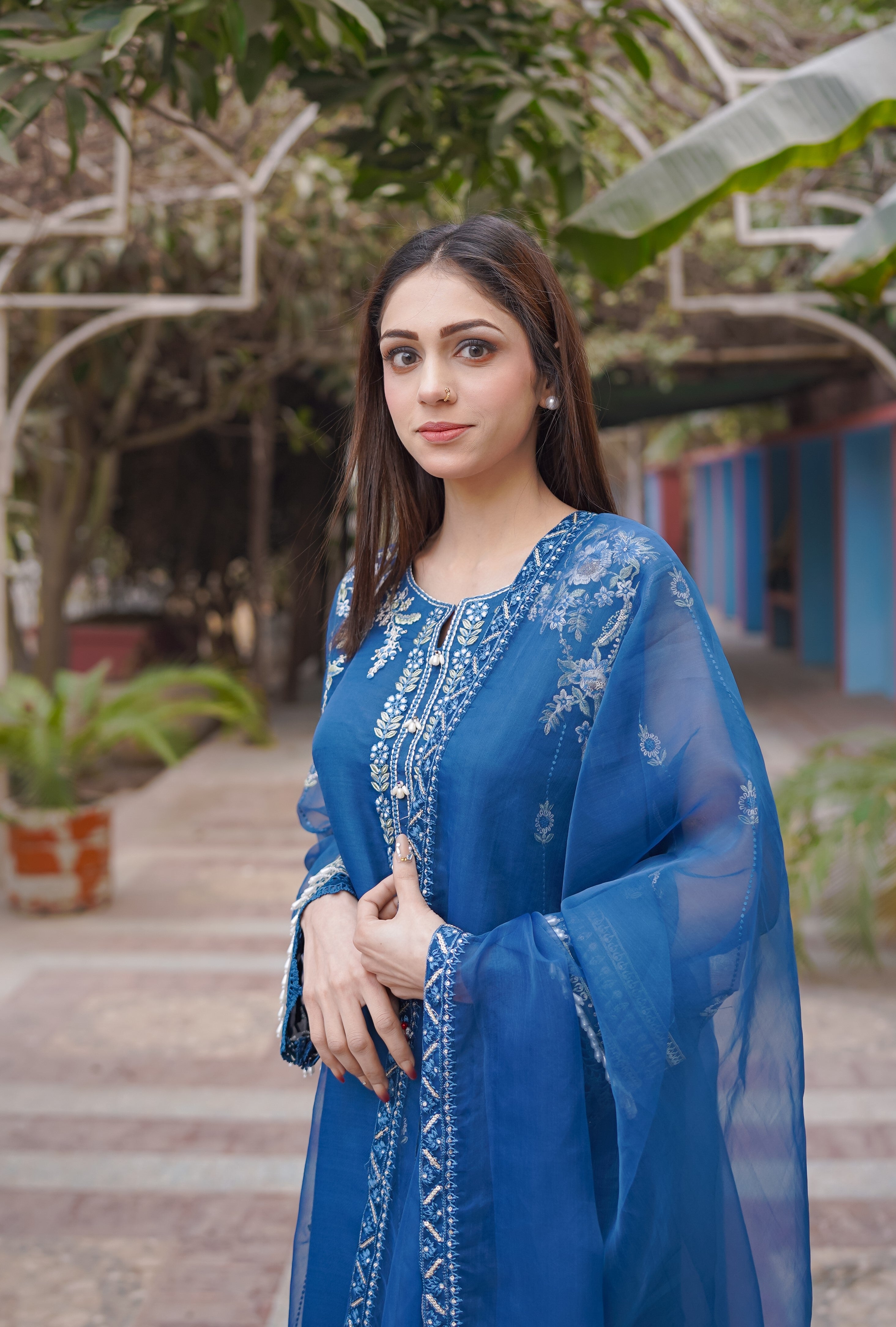 3 - piece pure Organza Embroidered suit (B11229)