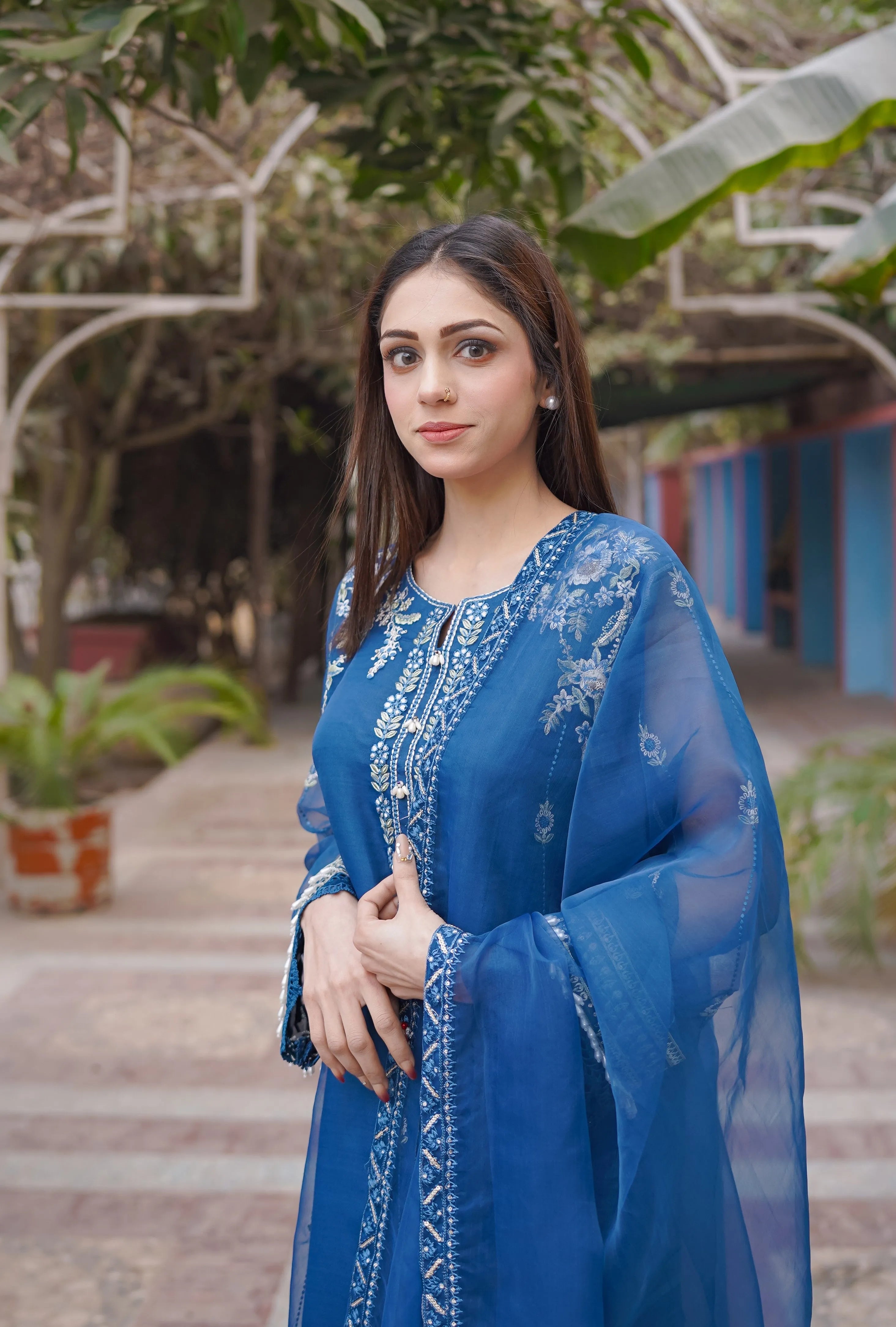 3 - piece pure Organza Embroidered suit (B11229)